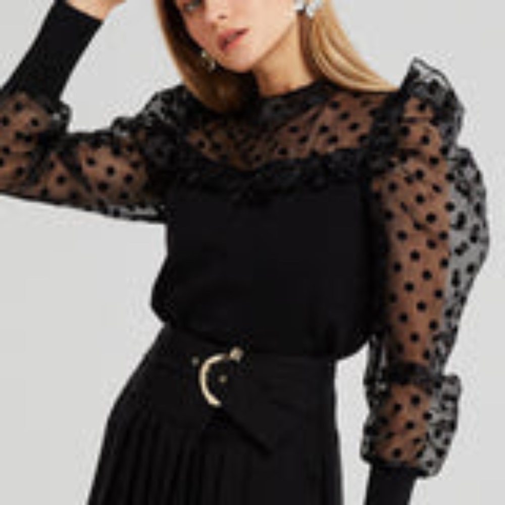 Black Sheer Polka Dot Sweater Blouse